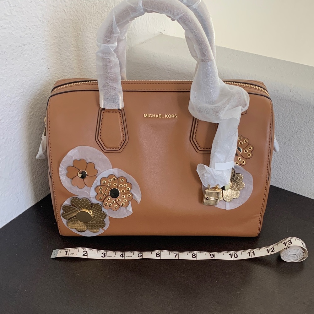 Michael Kors Brown Satchel with Gold Floral Details